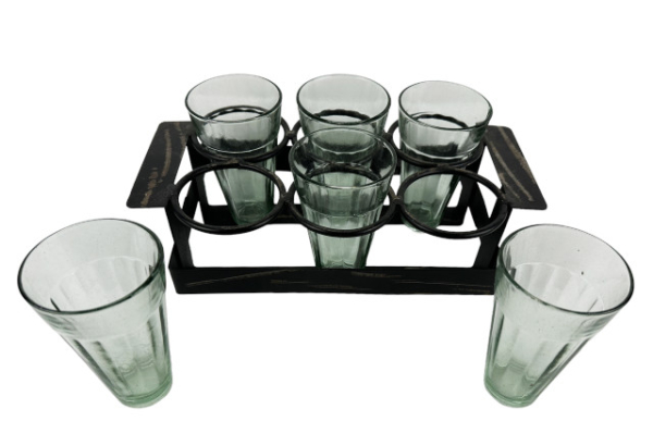 Chai Träger Schwarz mit 6 Gläsern mit 2 herausgenommenen Gläsern